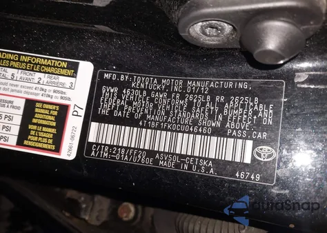 2012 Toyota Camry Se from USA, damaged, VIN 4T1BF1FK0CU046460
